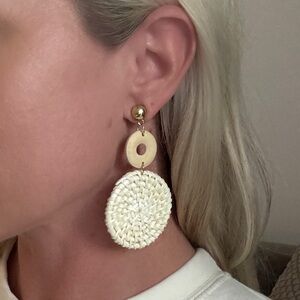 White and Tan Woven Boho Round Geometric Dangle Statement Earrings New NWT